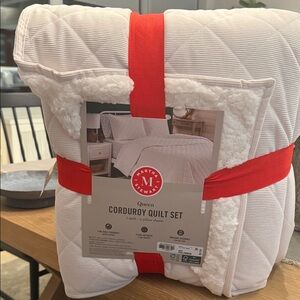 Martha Stewart Corduroy Quilt Set in White with Sherpa Trim